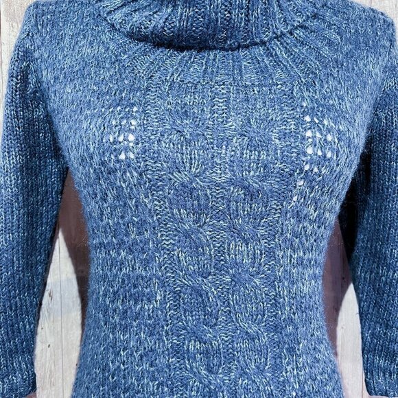 Women's Pink Rose Sweater | Blue | 3/4 Sleeves | Cowl Neck | Tunic | Medium - Picture 7 of 13